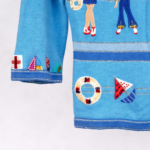 Vintage Jack B Quick Colorful Beaded Embellished Cardigan MEDIUM Nautical Sailor - Picture 4 of 8